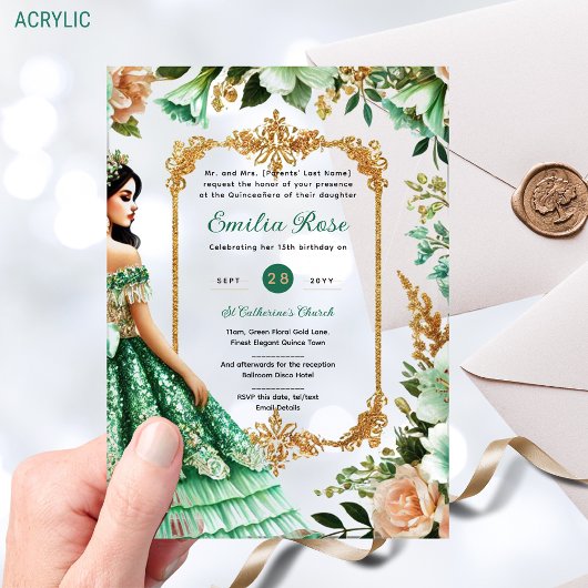 Groene gouden jurk Quinceañera Emerald Mis Quince Acryl Uitnodigingen