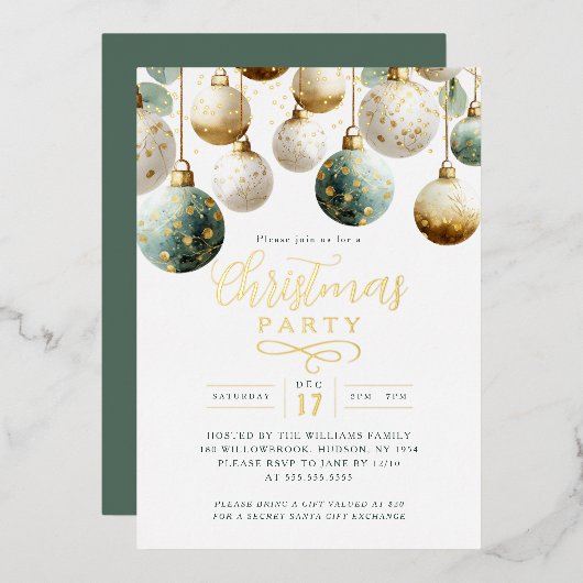 Groene Gouden Kerstballen Kerstfeest  Folie Uitnodiging (Voorkant / Achterkant)