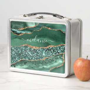 Groene gouden metalen lunchbox met aangepaste naam