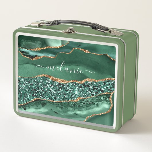Groene gouden metalen lunchbox met aangepaste naam (Voorkant)