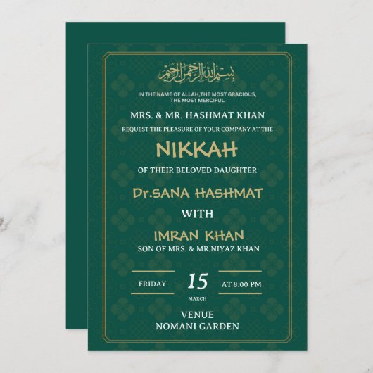 Groene & gouden moslim bruiloft uitnodigen kaart (Voorkant / Achterkant)