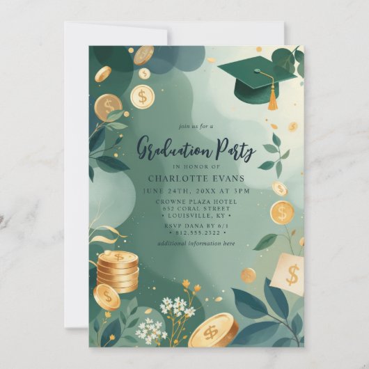 Groene Gouden Munten Financiën Afstudeerfeest Foto Kaart (Voorkant)