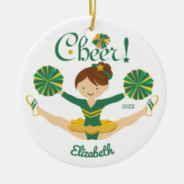 Groene & Gouden Persoonlijke Bruinharige Cheerlead Keramisch Ornament