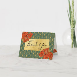 Groene & Gouden Rood Bloemmotief Art Deco Dankkaar Bedankkaart