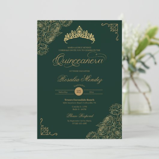 Groene & gouden Rozen Elegant Quinceañera Kaart (Staand voorkant)