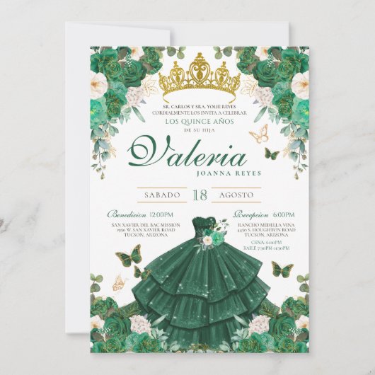 Groene & Gouden Rozen Elegante Prinses Quinceanera Kaart (Voorkant)