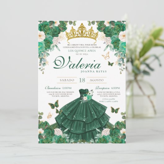 Groene & Gouden Rozen Elegante Prinses Quinceanera Kaart (Staand voorkant)