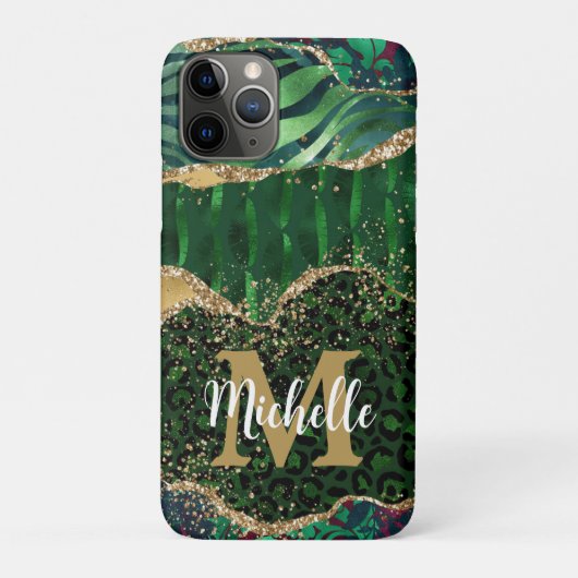 Groene & Gouden Safari Dier Glitter Agate Monogram Case-Mate iPhone Case (Achterkant)