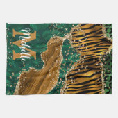 Groene & Gouden Safari Dier Glitter Agate Monogram Theedoek (Horizontaal)
