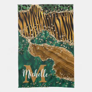 Groene & Gouden Safari Dier Glitter Agate Monogram Theedoek