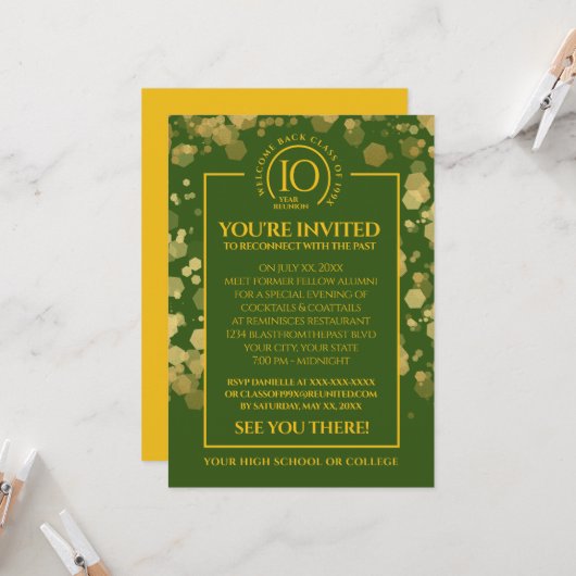 Groene & Gouden School Klasse Reünie Kaart (Voorkant / Achterkant in situ)