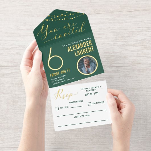 Groene Gouden Slingerlichten Foto Mijlpaal Verjaar All In One Uitnodiging (Uittrekbaar)