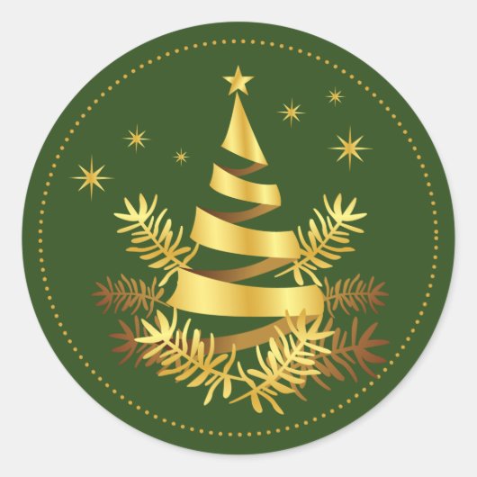 Groene gouden sterren bladeren kerstbomen ronde sticker (Voorkant)