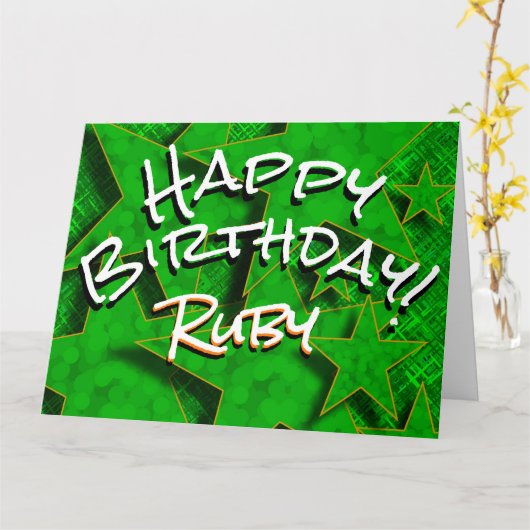 Groene gouden sterren met naam Happy Birthday Kaar Kaart (Gele Bloem)
