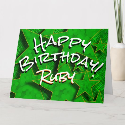 Groene gouden sterren met naam Happy Birthday Kaar Kaart (Voorkant)