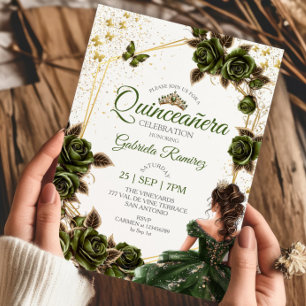 Groene Gouden Tiara Rozen Vlinder Quinceañera Kaart
