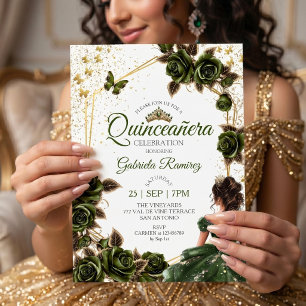 Groene Gouden Tiara Rozen Vlinder Quinceañera Kaart