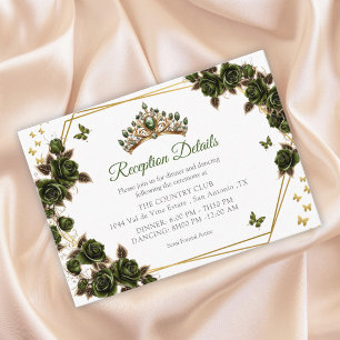 Groene Gouden Tiara Rozen Vlinders Quinceañera Informatiekaartje