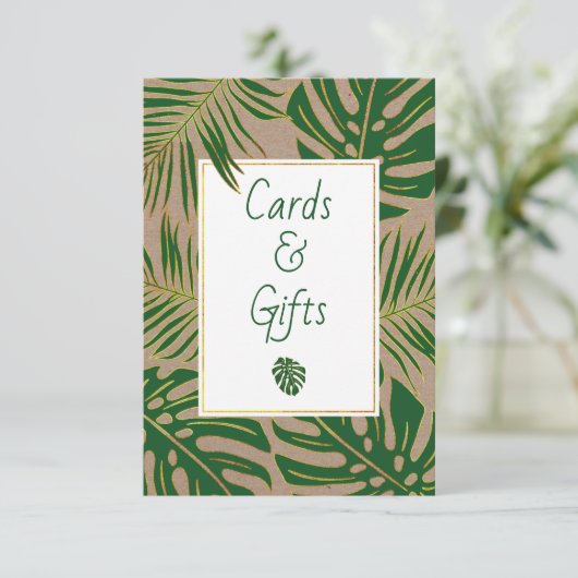 Groene, gouden tropische blaadkaarten en cadeaubor kaart (Staand voorkant)