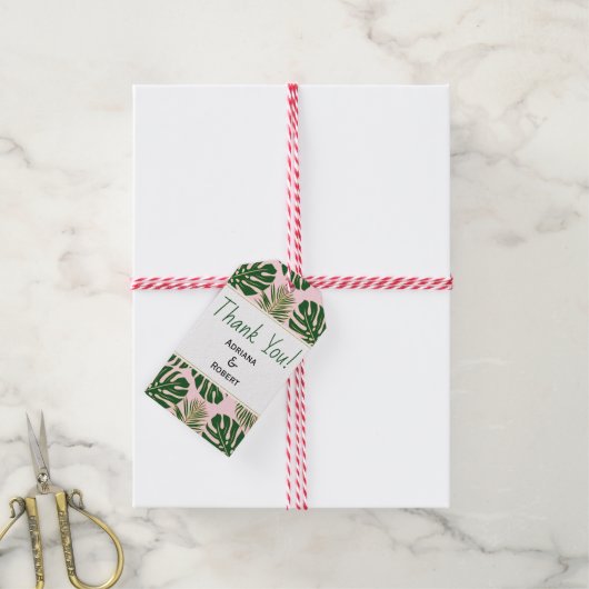 Groene, gouden tropische bladeren roze bruiloft Be Cadeaulabel (Met Touw)