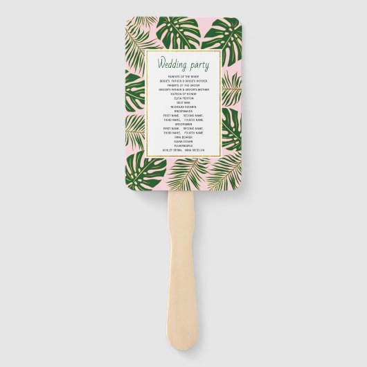 Groene, gouden tropische bladeren roze bruiloft pr handwaaier (Achterkant)
