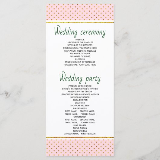 Groene, gouden tropische bladeren roze trouwprogra programmakaart (Achterkant)