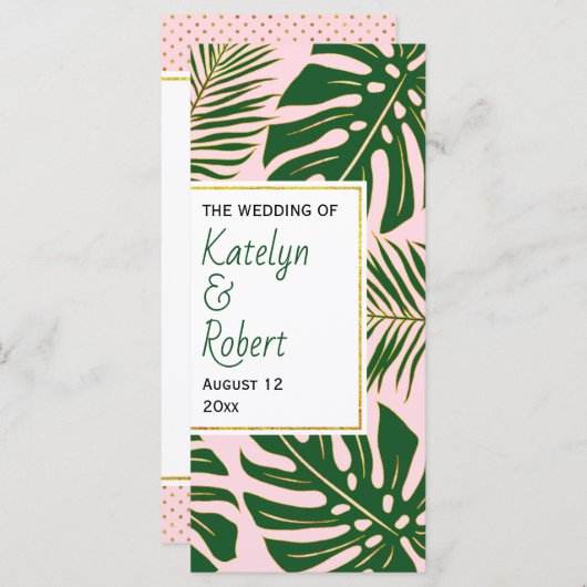 Groene, gouden tropische bladeren roze trouwprogra programmakaart (Voorkant / Achterkant)