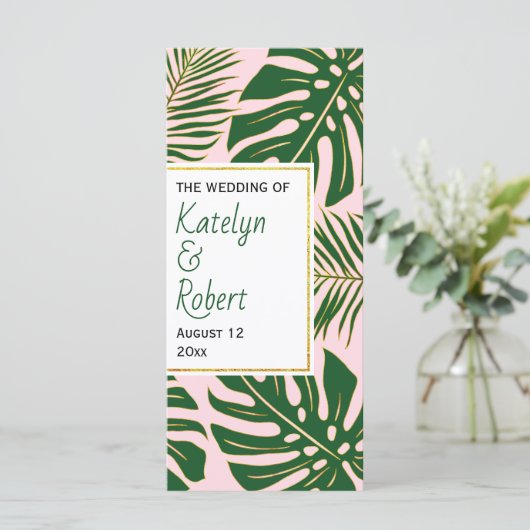 Groene, gouden tropische bladeren roze trouwprogra programmakaart (Staand voorkant)