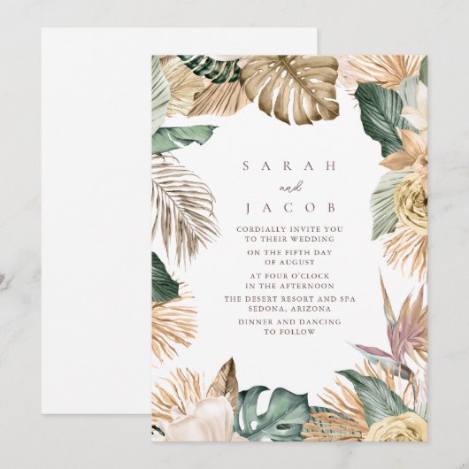 Groene gouden tropische palmstrand bruiloft kaart (Voorkant / Achterkant)
