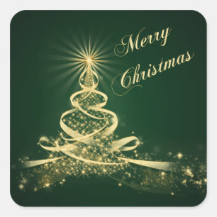 Groene, gouden verlichte boom, prettige kerststick vierkante sticker