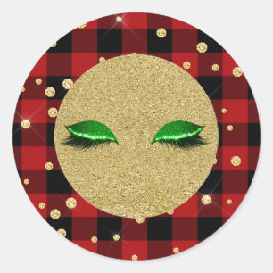 Groene Gouden Wimpers Vakantie Rood Buffalo Geruit Ronde Sticker