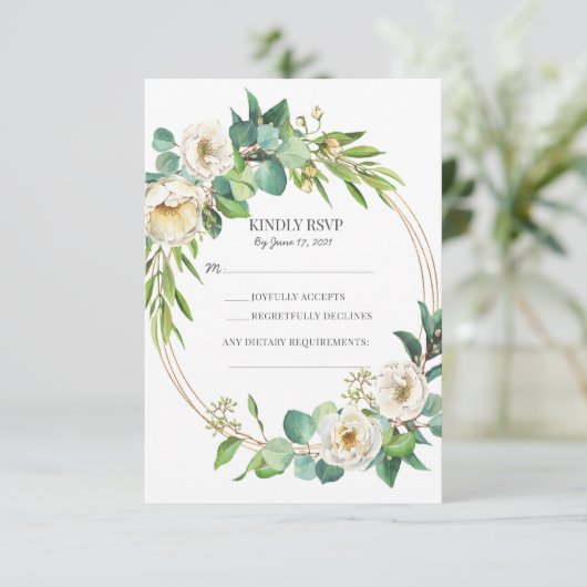 Groene gouden witte bloemige trouw RSVP-kaarten RSVP Kaartje (Staand voorkant)