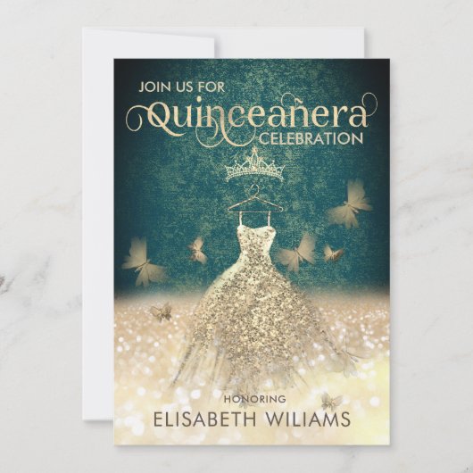 Groene goudglitter-jurk vlindervlinder in kaart (Voorkant)