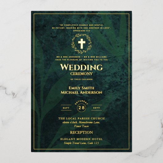 Groene goudkatholieke bruiloft Elegant Formal Mode Folie Uitnodiging (Voorkant)