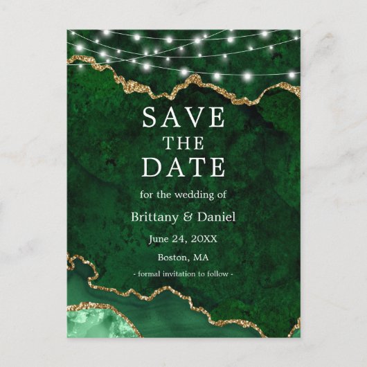 Groene goudkleurige Geode lichten bewaren de datum Aankondigingskaart (Voorkant)