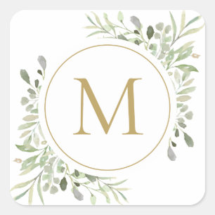 Groene goudkleurige monogram met eucalyptusblad vierkante sticker