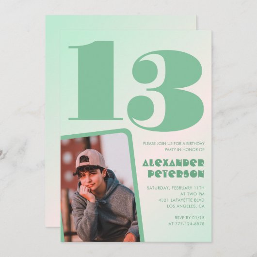 Groene gradiënt 13e verjaardag uitnodigingen Boy P (Voorkant / Achterkant)