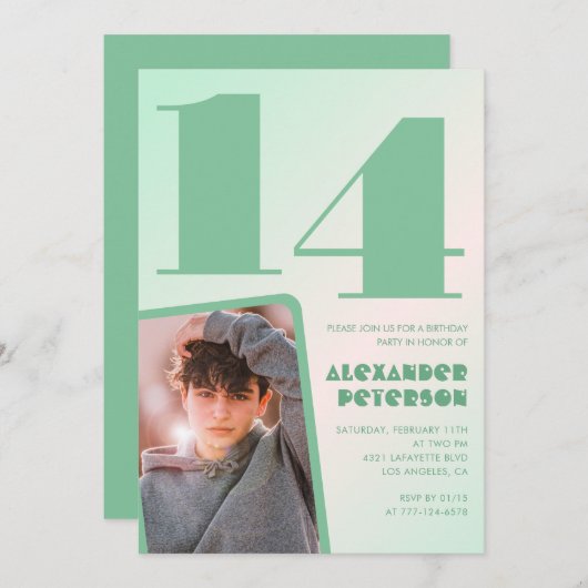 Groene gradiënt 14e verjaardag uitnodigingen Boy P (Voorkant / Achterkant)