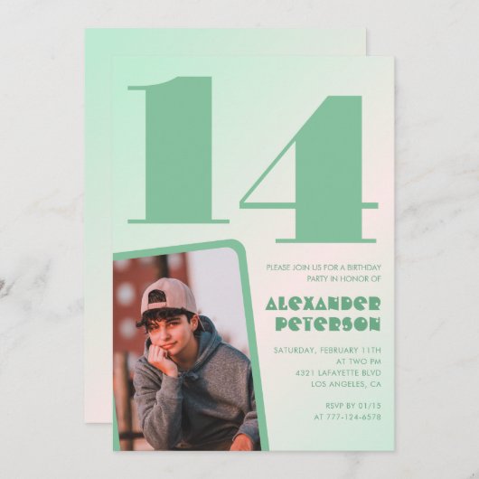 Groene gradiënt 14e verjaardag uitnodigingen Boy P (Voorkant / Achterkant)