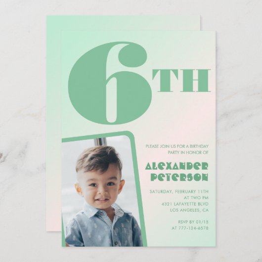 Groene gradiënt 6e verjaardag uitnodigingen Boy Ph (Voorkant / Achterkant)