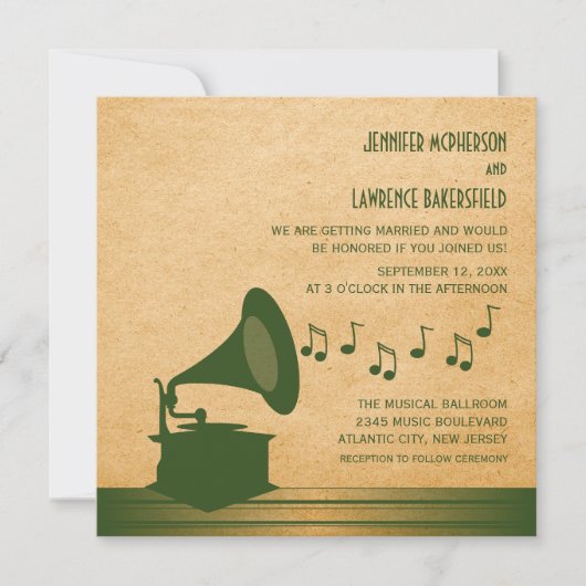 Groene  Gramophone Wedding Invite Kaart (Voorkant)