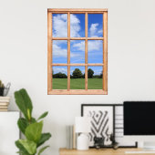 Groene gras, bomen en het blauwe hemelraam Uitzich Poster (Thuiskantoor)