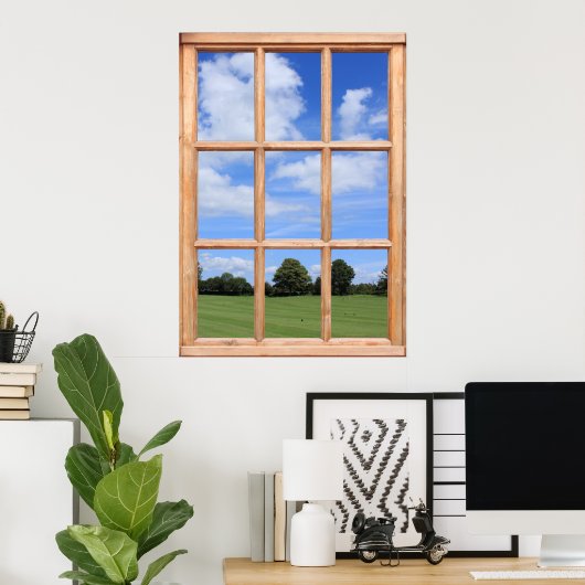 Groene gras, bomen en het blauwe hemelraam Uitzich Poster (Thuiskantoor)