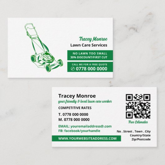 Groene grasmaaier, grasmaaier visitekaartje (Voorkant / Achterkant)