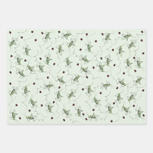Groene Grasshopper & Ladybug Kinder Insecten Verja Inpakpapier Vel (Voorkant)