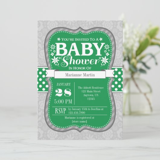 Groene grauwe bloem Baby shower uitnodiging (Staand voorkant)