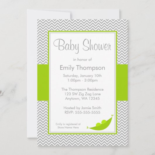 Groene grijze Chevron Pea Pod Baby Shower Invitati Kaart (Voorkant)