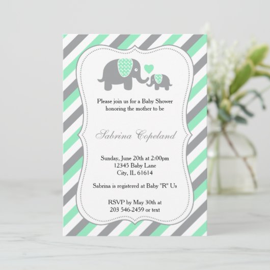 Groene & Grijze Strepen Baby Olifant | BABY SHOWER Kaart (Staand voorkant)