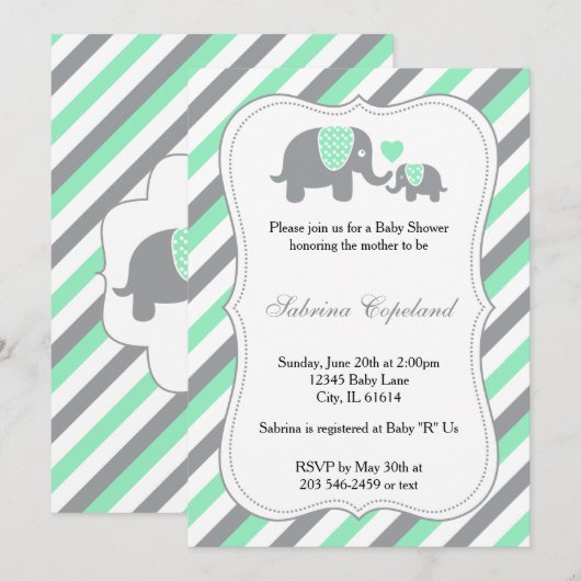 Groene & Grijze Strepen Baby Olifant | BABY SHOWER Kaart (Voorkant / Achterkant)