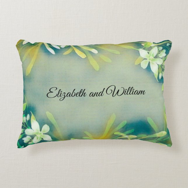 Groene grijze tropische planten aanpasbare tekst accent kussen (Voorkant)